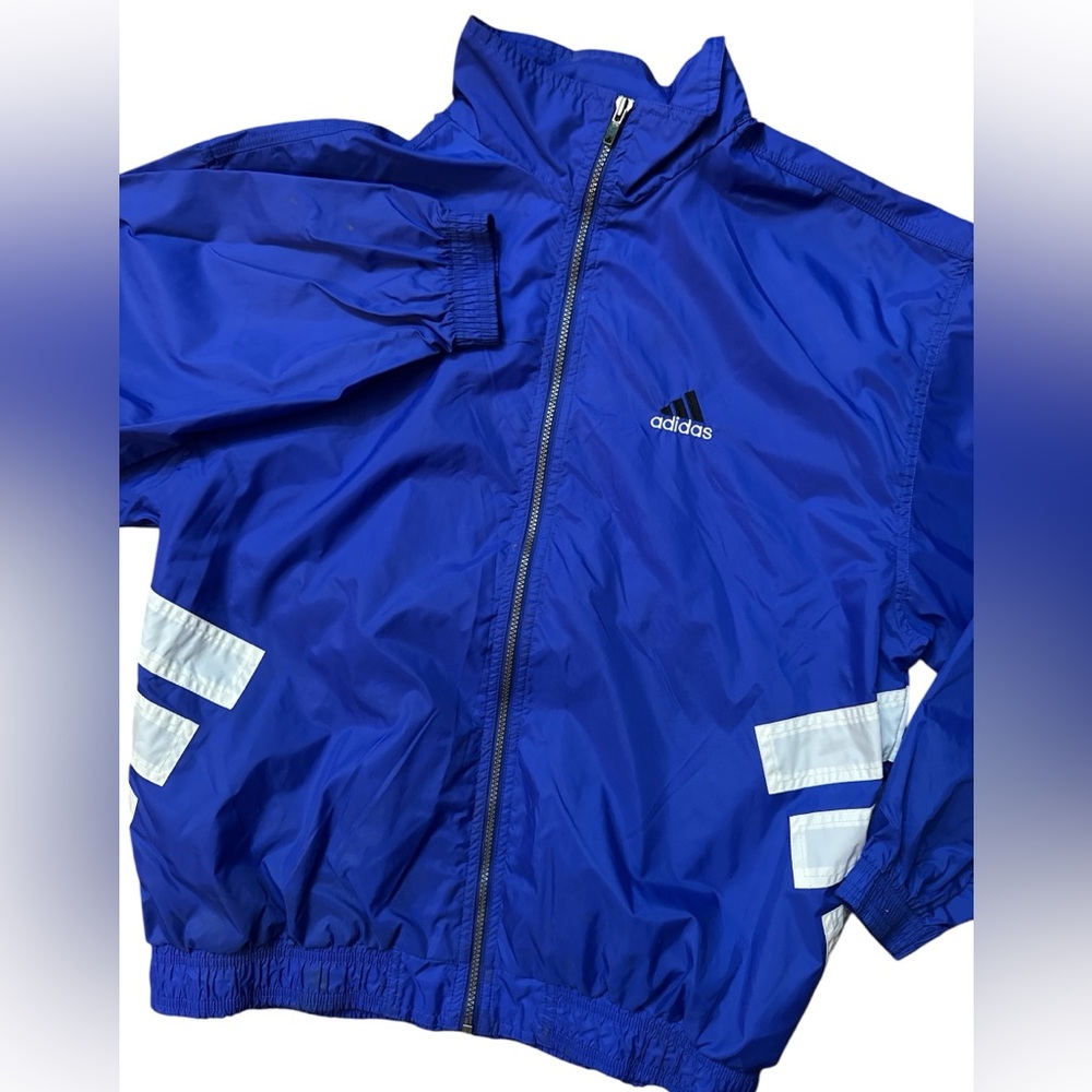 Vintage Adidas Men’s Blue & White Size Large Windbreaker Soccer Style Jacket Y2K